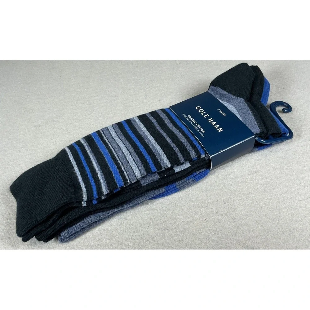 Cole Haan Mens 3 Pack Combed Cotton Striped Crew Socks Blue Black Grey Size 7-12